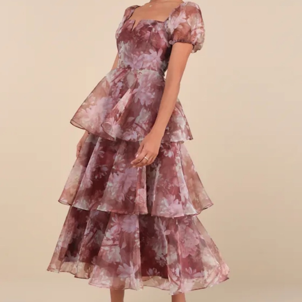 Floral Tiered Burgundy Dress